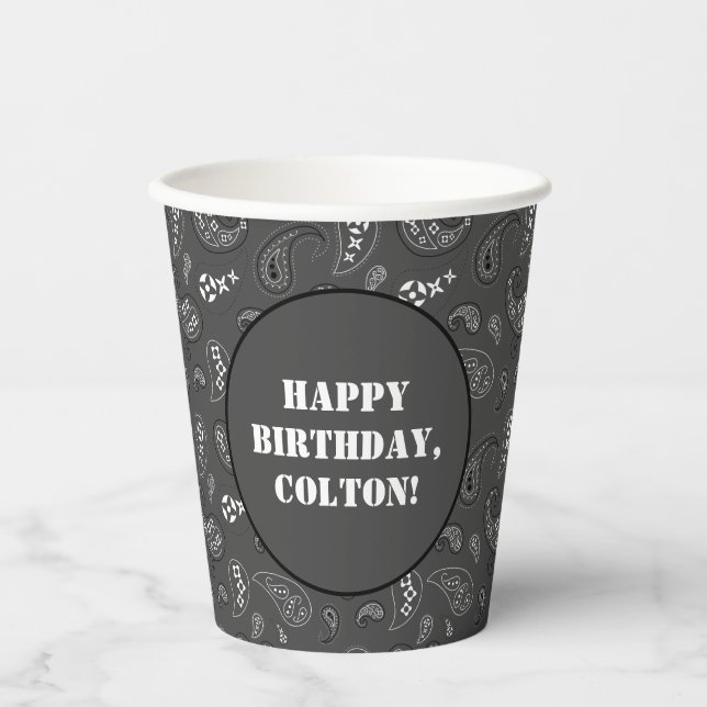 Charcoal Grey Western Bandana Print Birthday Party Paper Cups (Front)