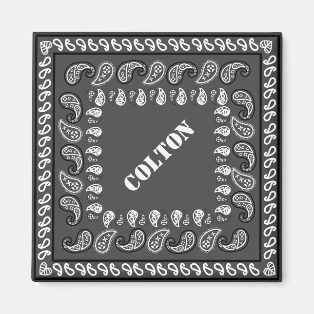 Charcoal Grey Western Paisley Bandana Personalized Magnet (Front)