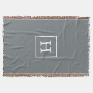 Charcoal Grey White Framed Initial Monogram Throw Blanket