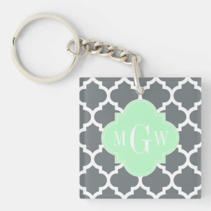 Charcoal Grey White Moroccan #5 Mint Name Monogram Keychain
