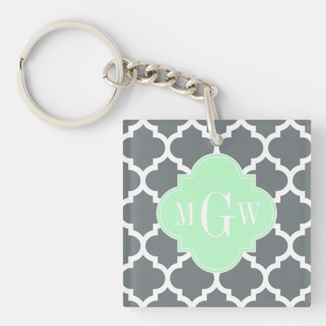 Charcoal Grey White Moroccan #5 Mint Name Monogram Keychain (Front)