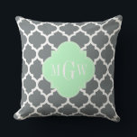 Charcoal Grey White Moroccan #5 Mint Name Monogram Throw Pillow<br><div class="desc">Charcoal Grey and White Moroccan Quatrefoil Trellis Pattern #5, Mint Quatrefoil 3 Initial Monogram Customize this with your 3 initial monogram, name or other text. You can also change the font, adjust the font size and font colour, move the text to adjust letter spacing, etc. Please note that this is...</div>