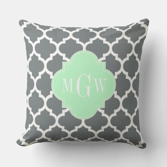 Charcoal Grey White Moroccan #5 Mint Name Monogram Throw Pillow (Front)