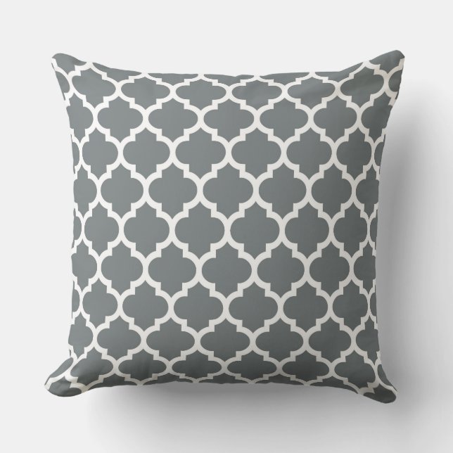 Charcoal Grey White Moroccan Quatrefoil Pattern #5 Throw Pillow (Front)