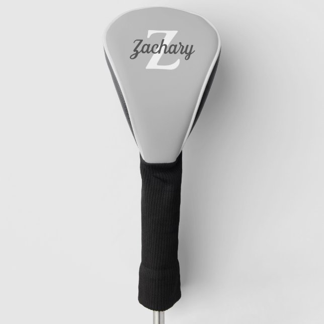 Charcoal Grey White Retro Monogram Personalized Golf Head Cover (Front)