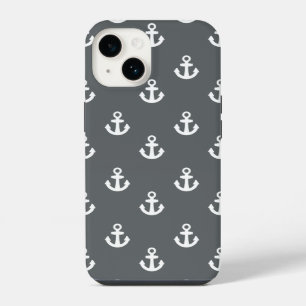 Charcoal Grey White Ships Anchors Pattern iPhone 14 Case