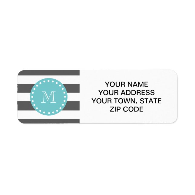 Charcoal Grey White Stripes Pattern, Teal Monogram (Front)