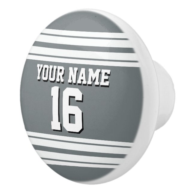 Charcoal Grey White Team Jersey Custom Number Name Ceramic Knob (Right)