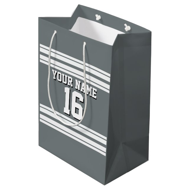 Charcoal Grey White Team Jersey Custom Number Name Medium Gift Bag (Back Angled)