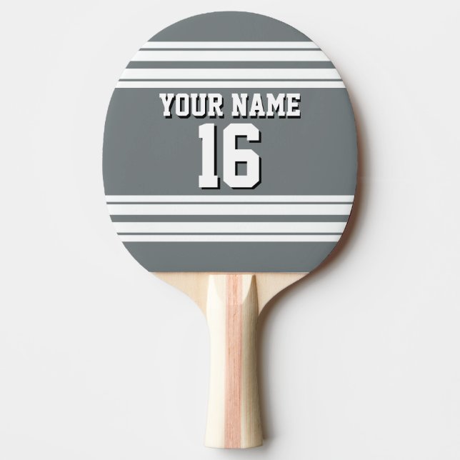 Charcoal Grey White Team Jersey Custom Number Name Ping Pong Paddle (Front)