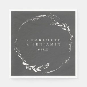 Charcoal Grey White Wreath Botanical Couple Names Napkin