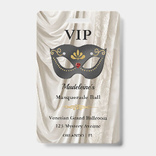 Charcoal Ivory Masquerade VIP Pass White Damask Badge