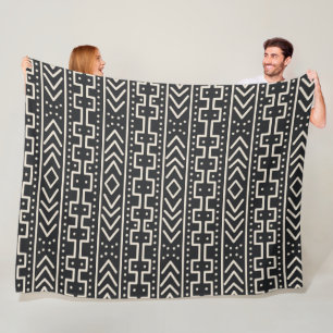 Charcoal Ivory Mudcloth Inspired Modern Tribal Fleece Blanket