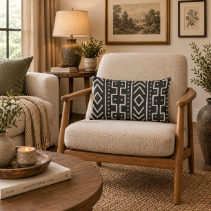 Charcoal Ivory Mudcloth Inspired Modern Tribal Lumbar Pillow