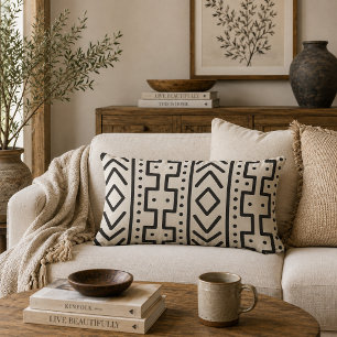 Charcoal Ivory Mudcloth Inspired Modern Tribal Lumbar Pillow