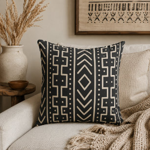 Charcoal Ivory Mudcloth Inspired Modern Tribal Throw Pillow