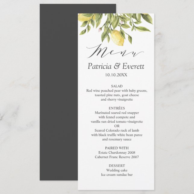 Charcoal | Lemons and Leaves Boho chic Wedding Invitation (Front/Back)