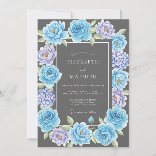 Charcoal Lilac Hydrangea Eucalyptus Wedding Invitation (Front)