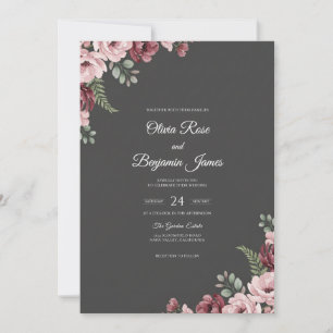 Charcoal Lilac Mauve Leaf Wedding Invitation