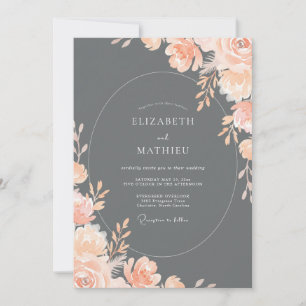 Charcoal Luminous Peach Floral Wedding Invitation