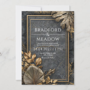 Charcoal Marble Tropical Leaf Wedding Invitation