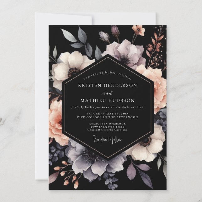 Charcoal & Mauve Gothic Bloom Wedding Invitation (Front)