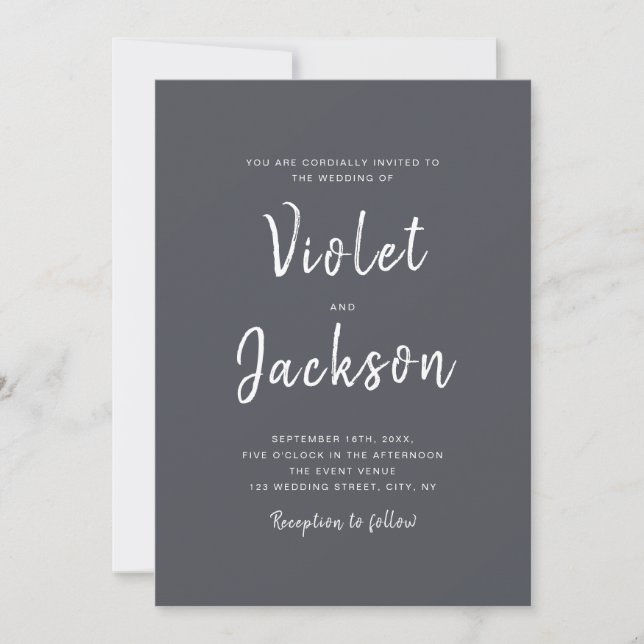 Charcoal minimalist handwritten script wedding invitation (Front)