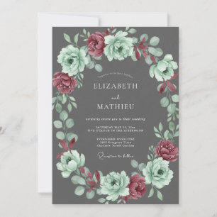Charcoal Mint Blossom Wedding Invitation