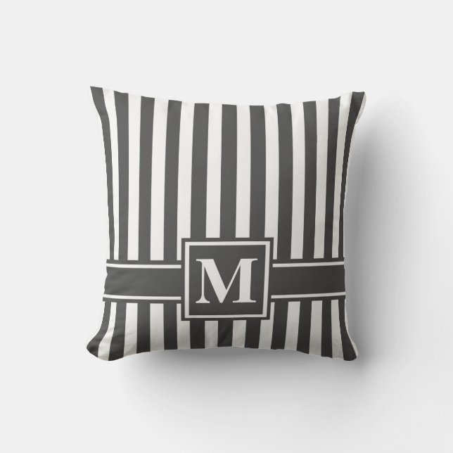 Charcoal Modern Stripe with Monogram Throw Pillow (Front)