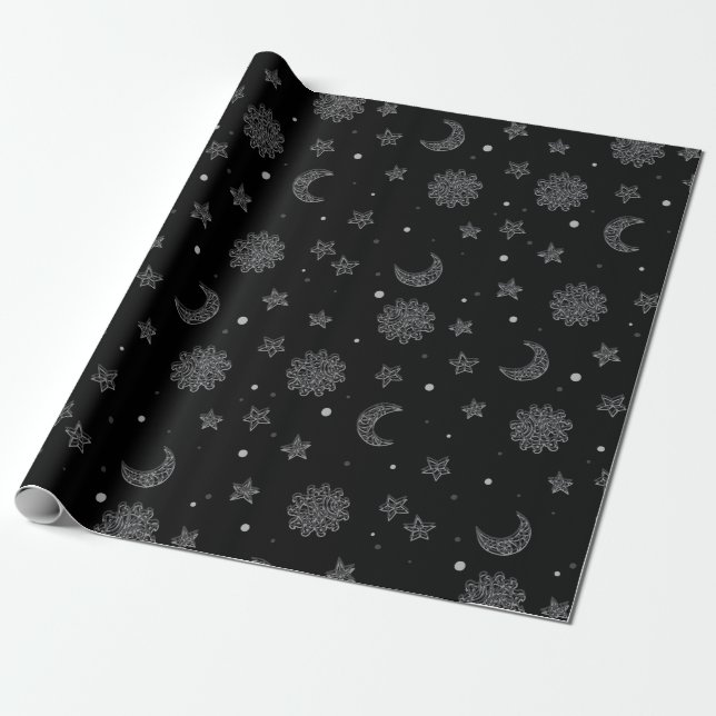 Charcoal Moon & Stars Wrapping Paper (Unrolled)