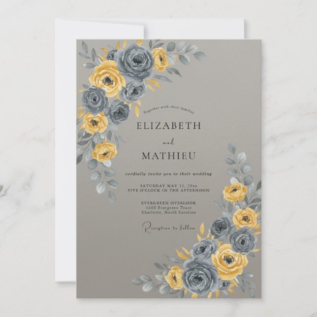 Charcoal Mustard Petal Wedding Invitation (Front)