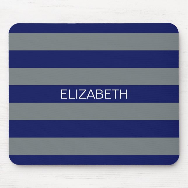 Charcoal Navy 5c Horiz Preppy Stripe Name Monogram Mouse Pad (Front)