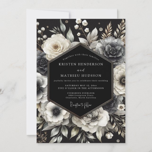 Charcoal Opulent Bloom Wedding Invitation (Front)