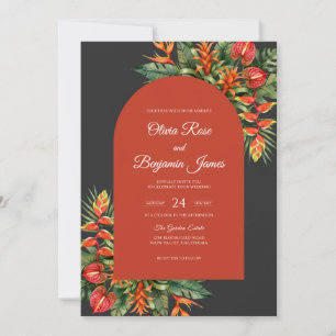 Charcoal Orange Tropical Eucalyptus Wedding Invitation
