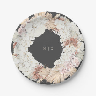 Charcoal Pampas Grass Cream Wedding Party Paper Plate