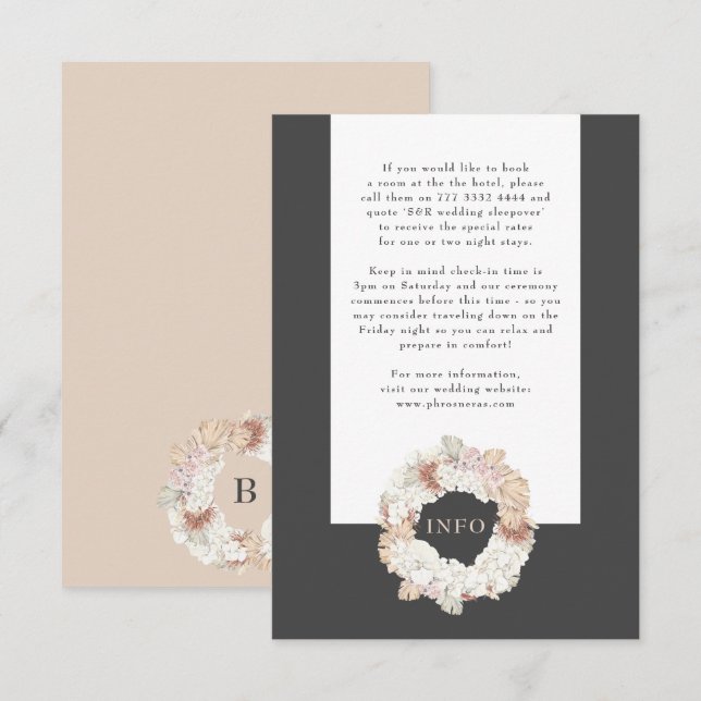 Charcoal Pampas Wreath Grey Boho Monogram Wedding Enclosure Card (Front/Back)