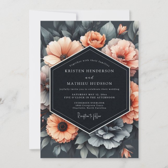 Charcoal Peach Bloom Wedding Invitation (Front)