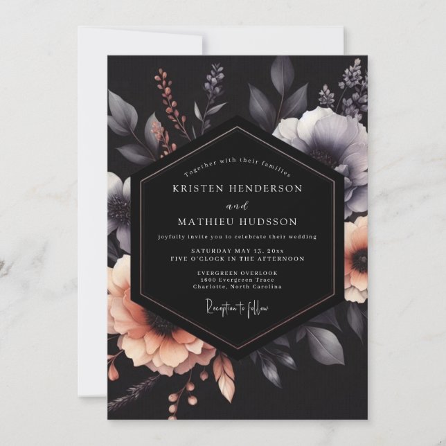 Charcoal & Peach Shadowy Bloom Wedding Invitation (Front)