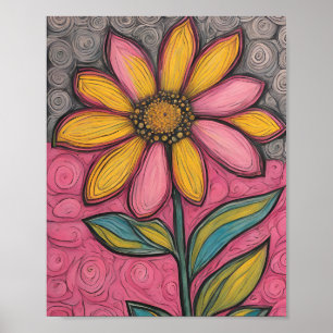 Charcoal Pencil Flowers- Stained Glass Daisy  Poster