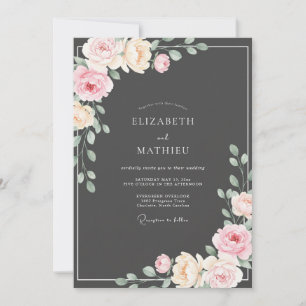 Charcoal Petal Pink Ranunculus Eucalyptus Wedding Invitation
