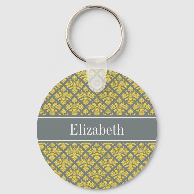 Charcoal Pineapple Damask #3 Yellow Name Monogram Keychain (Front)