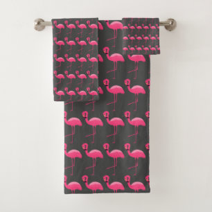 CHARCOAL PINK FLAMINGO BRIGHT BATHROOM TOWEL SET