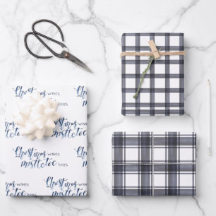Charcoal Plaid & Christmas Wishes Script Wrapping Paper Sheet