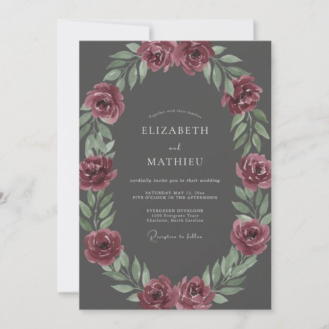 Charcoal Plum Ranunculus Eucalyptus Wedding Invitation (Front)