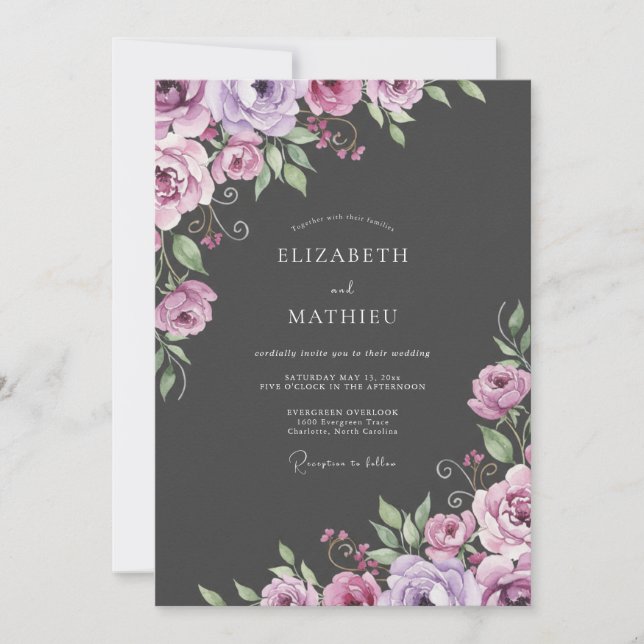 Charcoal Plum Ranunculus Soft Eucalyptus Wedding Invitation (Front)