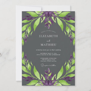 Charcoal Purple Foliage Eucalyptus Wedding Invitation