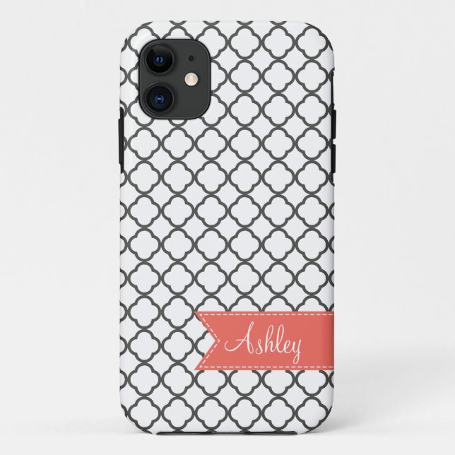 Charcoal Quatre Foil with Custom Monogram Ribbon Case-Mate iPhone Case (Back)