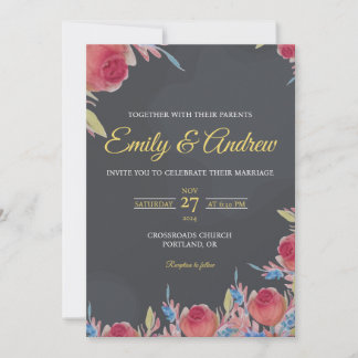 Charcoal Rose Modern Floral Watercolor Wedding Invitation