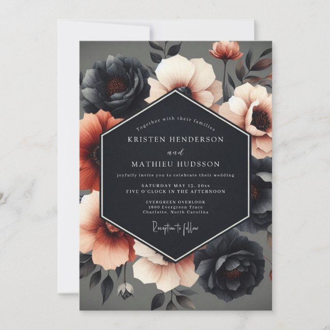 Charcoal & Russet Dramatic Bloom Wedding Invitation (Front)