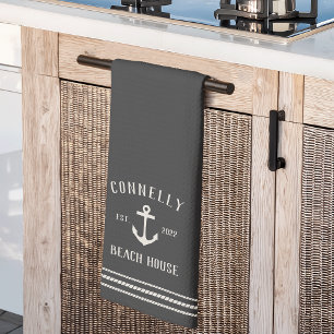 Charcoal Rustic Anchor Personalized Beach House Kitchen Towel
